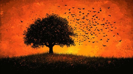 vibrant tropical sunset landscape with trees silhouettes, flock of birds in flight, colorful orange and purple sky, with sea view, peaceful lake reflections