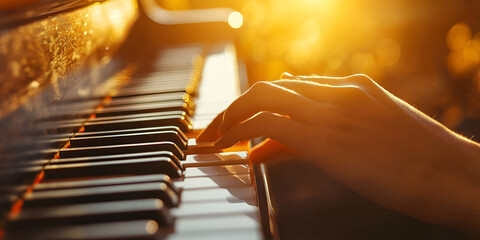  Close-Up of Hand Playing Piano Keys in Sunset Light | Musical Moment, Finger on Piano Key at Sunset | Elegant Piano Playing with Warm Lighting