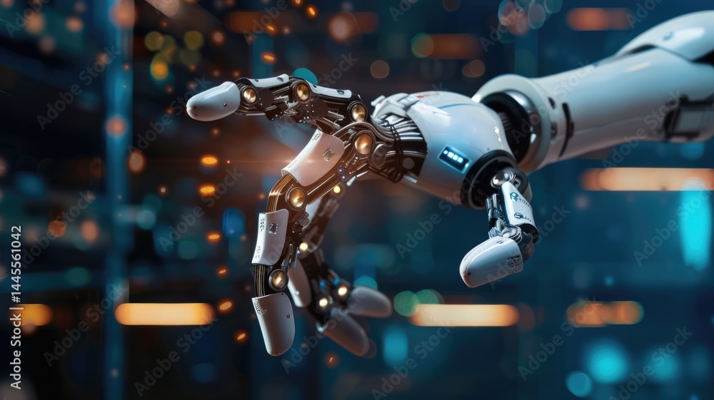 Poster science fiction picture of high tech robots for chat bot program, assistance technology about inform