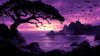 vibrant tropical sunset landscape with trees silhouettes, flock of birds in flight, colorful orange and purple sky, with sea view, peaceful lake reflections