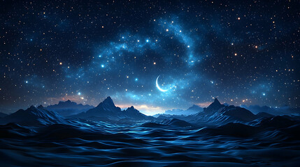 Fototapeta premium Celestial Night Sky with Crescent Moon Over Mountainous Landscape 