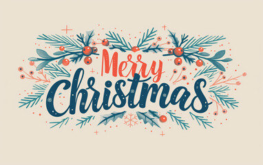 Obraz premium Bold “Merry Christmas” typography with fir branches, holly and mistletoe on beige background, ideal for modern holiday greeting cards.