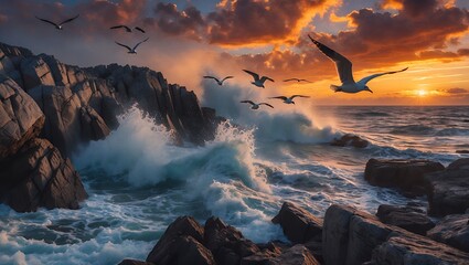 Seagulls Flying Above Ocean Waves at Sunrise