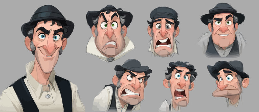 A set of expressive character faces for a Shoemaker, showcasing different emotions: happy, angry, surprised, sad, mischievous, and neutral.