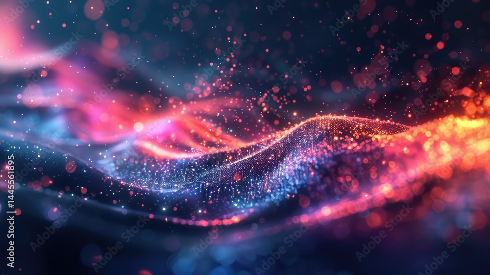 Poster this abstract colorful wave background features vibrant flowing patterns with luminous particles. pe