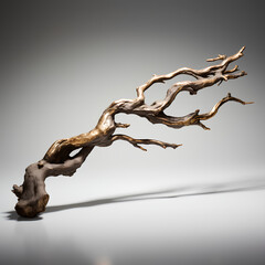 Bronze thin sculpture branch in a neutral background
