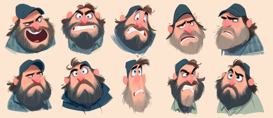 A set of expressive character faces for a Lumberjack, showcasing different emotions: happy, angry, surprised, sad, mischievous, and neutral.