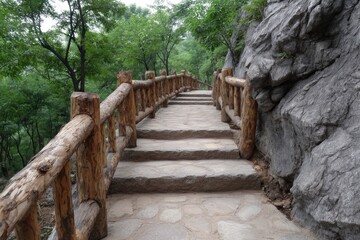 Obraz premium Stone Steps with Wooden Railing in Green Forest