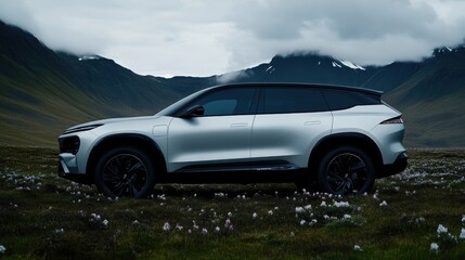 Obraz premium Sleek electric SUV in a scenic landscape