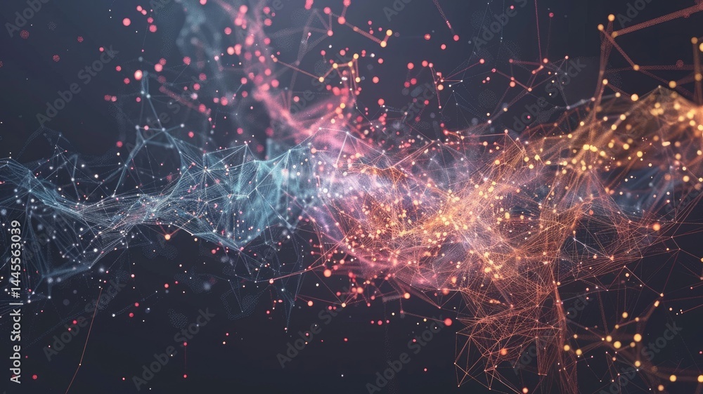 Poster abstract picture micro particle in geometric shape represent data flow. vivid flowing object with hi