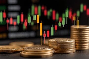 Financial Markets and Investment Analysis: Coins and Candlestick Charts Reflecting Market Trends