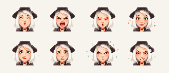 A set of expressive character faces for a Witch, showcasing different emotions: happy, angry, surprised, sad, mischievous, and neutral.