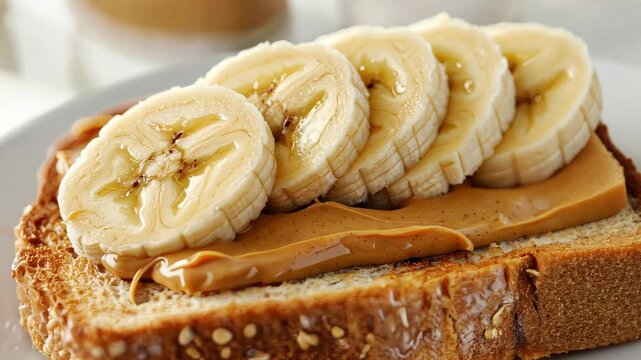 Slices of Banana on Spread Peanut Butter Toast with Light Background