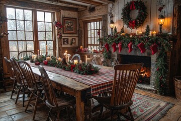 
Cozy country-style dining room decorated for Christmas with rustic wooden furniture, festive wreaths, candles, and plaid tablecloths. Warm lighting from the fireplace and vintage decor create an invi