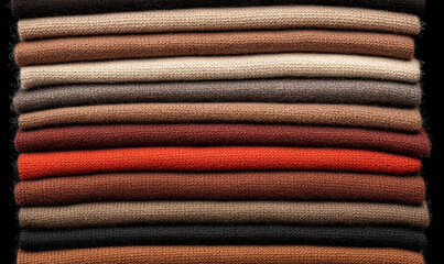 A Neatly Stacked Collection of Textured Fabrics in Various Shades of Brown, Orange, and Cream Against a Dark Background for Home Decor Inspiration