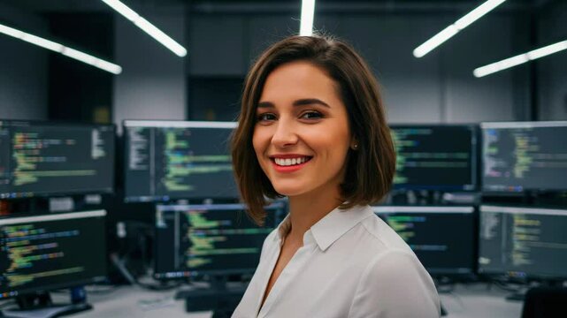 Smiling woman in a modern office setting, surrounded by multiple computer screens displaying code