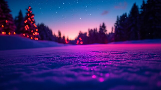 Enchanting winter landscape adorned with holiday lights under a starlit sky
