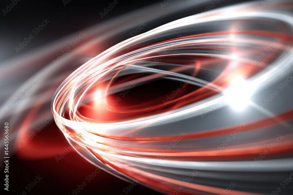 Poster abstract design with dynamic red and white light swirls on a dark background exuding energy and moti