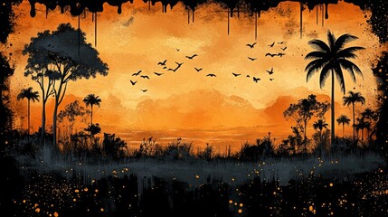 vibrant tropical sunset landscape with trees silhouettes, flock of birds in flight, colorful orange and purple sky, with sea view, peaceful lake reflections