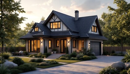 Naklejka premium Elegant Home Exterior with Lush Landscaping and Warm Sunset Lighting