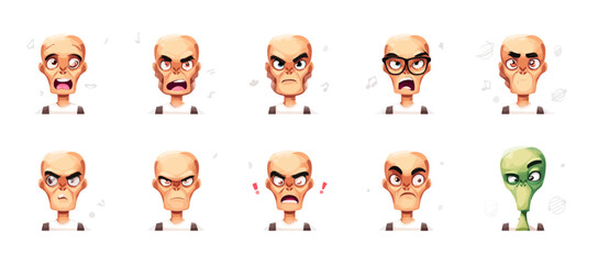 Fototapeta premium Alien faces with different emotions, cartoon characters, vector illustrations