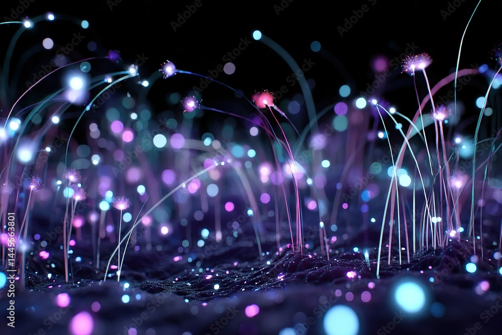 Poster colorful light particles create a vibrant landscape in a dark setting with clusters of glowing stran