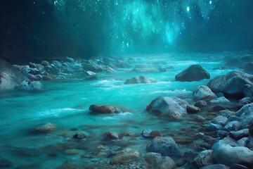 Mystical river glowing under a starry night sky in a tranquil landscape with smooth rocks and flowing water