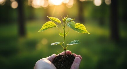 Nurturing New Growth: A Young Sapling Held in a Caring Hand Against a Sunlit Forest Background