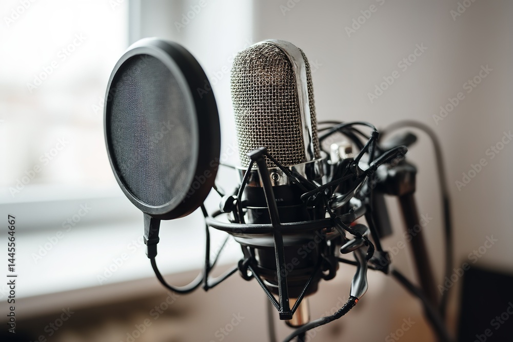 Poster professional microphone setup with pop filter placed in a bright studio workspace during daylight ho