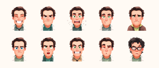 A set of expressive character faces for a Teacher, showcasing different emotions: happy, angry, surprised, sad, mischievous, and neutral.