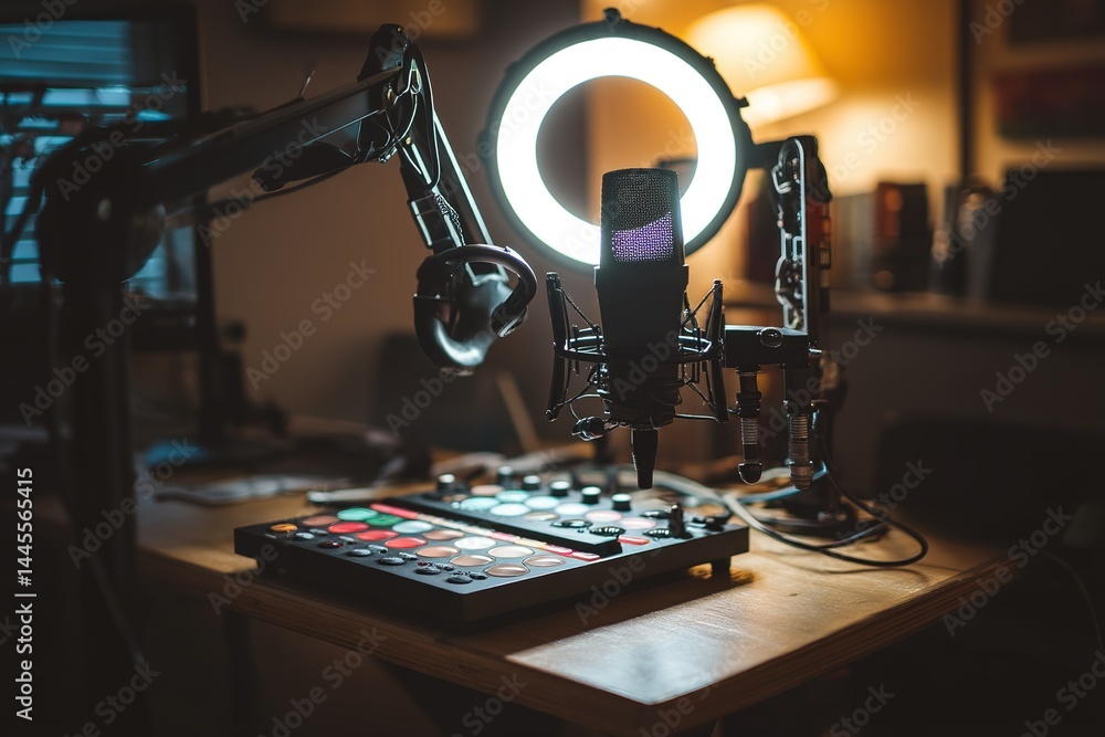 Poster exploring a modern music studio setup with equipment and lighting for audio recording and production