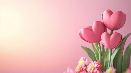 Fototapeta premium A floral background with pink and white blossoms on a split blue and pink background.