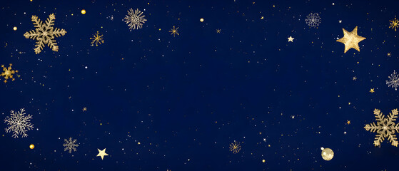 Holiday Night Scene with Gold Stars and Snowflakes