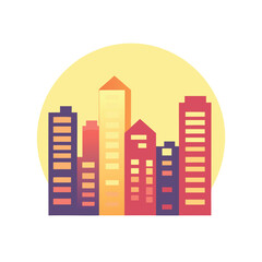 Colorful City Skyline Silhouette with Circular Background