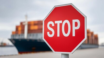 Obraz premium Red STOP sign in front of cargo ship at port with containers,trade or supply chain blockage