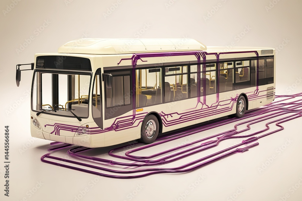 Poster model bus showcasing vibrant design with colorful tube patterns on display in a minimalist environme