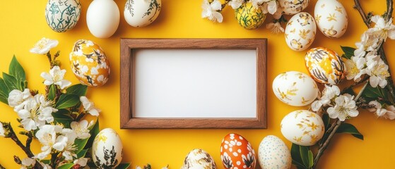 Easter eggs and flowers with blank frame