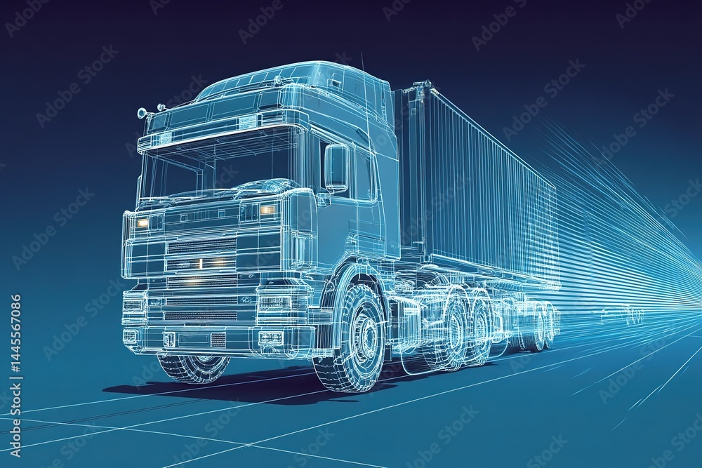 Poster digital rendering of a futuristic truck on a highway showcasing technological advancements in transp