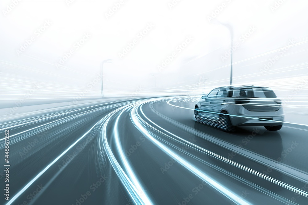 Poster dynamic motion of a car on a sleek highway illuminated by glowing light trails at twilight