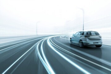 Dynamic motion of a car on a sleek highway illuminated by glowing light trails at twilight