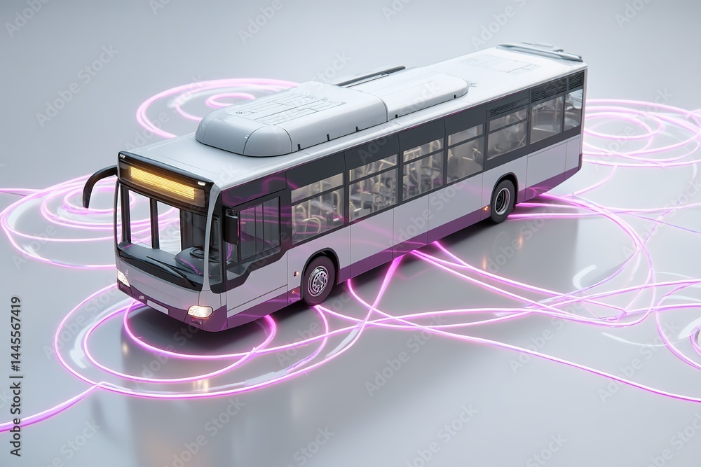 Poster modern city bus with colorful light trails on a reflective surface at an abstract location