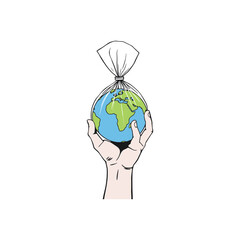 Hand Holding Earth Wrapped Tightly in Plastic Bag Environmental Pollution Vector