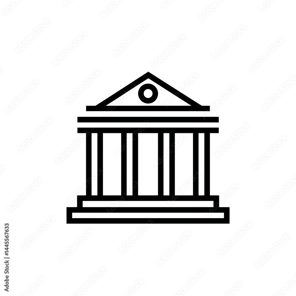 Poster simple line art illustration of a classical building with columns and a triangular pediment, concept