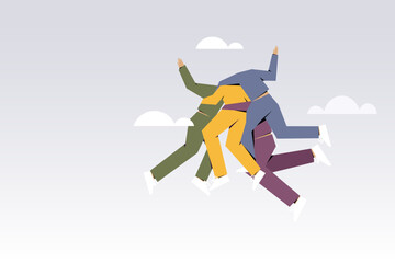 Conceptual illustration of four entangled friends falling down from sky