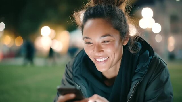 A joyful woman embraces technology amidst the greenery of a city park.
