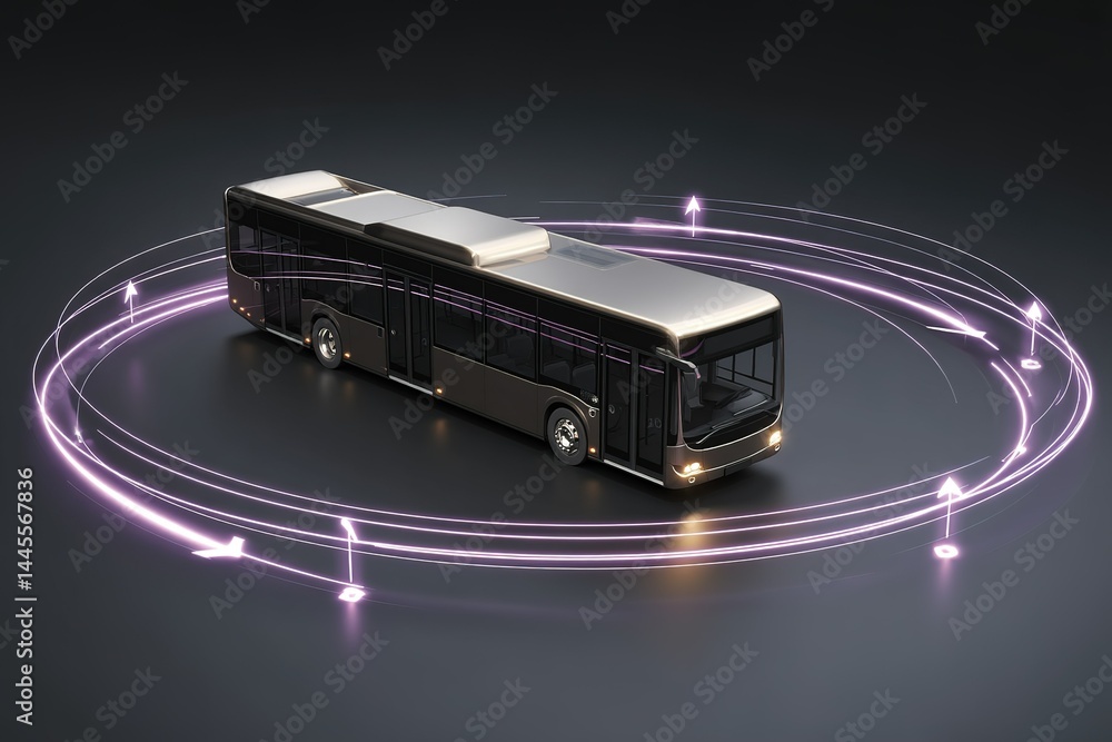 Poster innovative bus design in a futuristic setting showcases advanced technology and motion