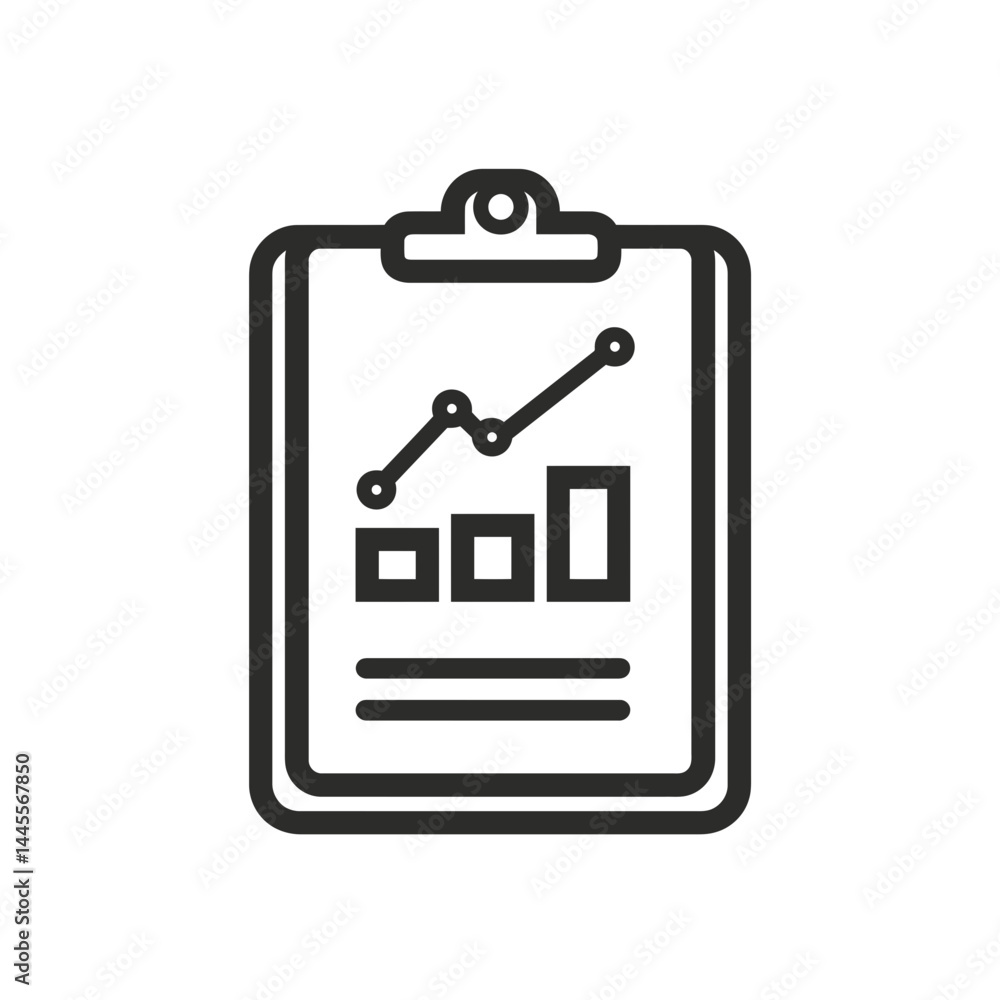Aufkleber line art icon of a clipboard with bar graph and line graph; concept for business presentation, infog