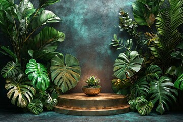 Golden podium surrounded by lush greenery, plants, and leaves, creating a serene natural setting for showcasing beauty products with warmth and tranquility.