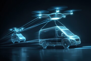 Futuristic delivery systems featuring a drone transporting goods above a holographic van in a high-tech environment