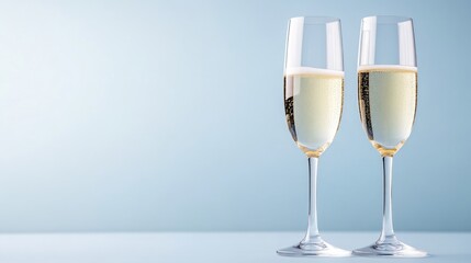 Obraz premium Two elegant champagne flutes filled with sparkling wine stand against a clean light blue background with copy space.